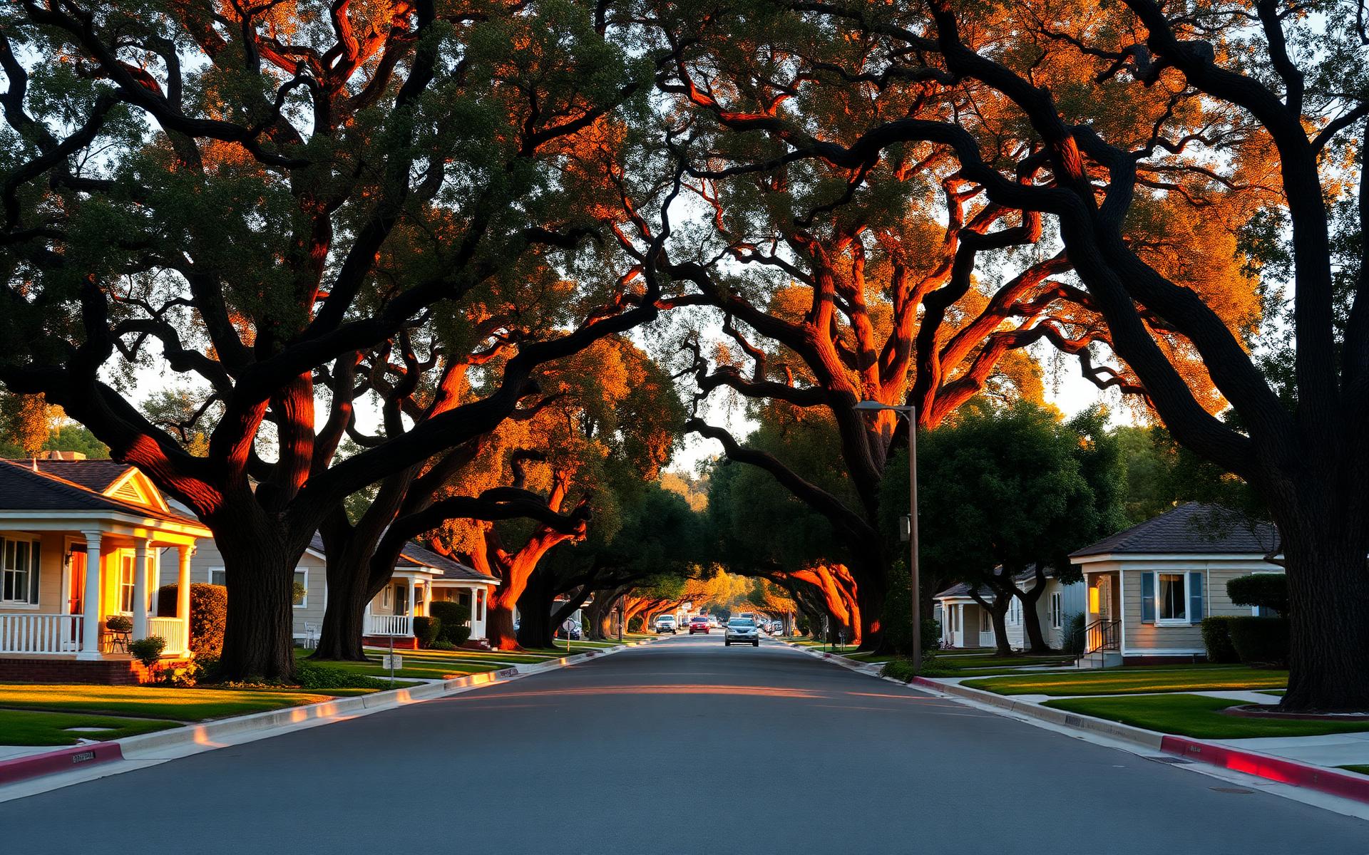 A tree-lined residential street in the San Gabriel Valley at golden hour
