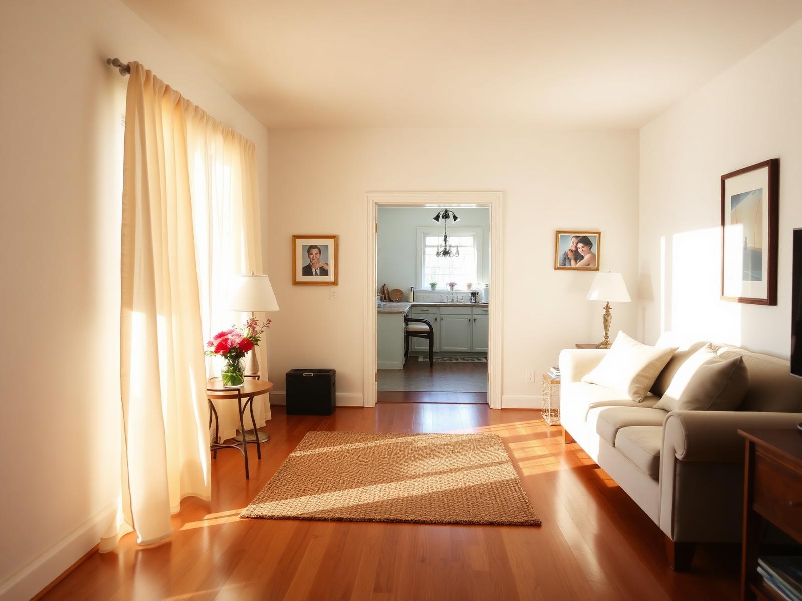A bright single-story home interior with morning light on wood floors